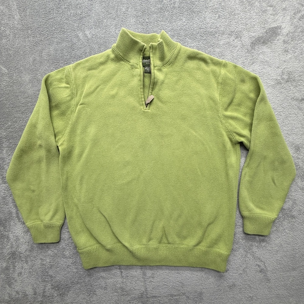Eddie Bauer Sweater Mens Medium Green 1/4 Zip Mock Neck Cotton Knit Pullover